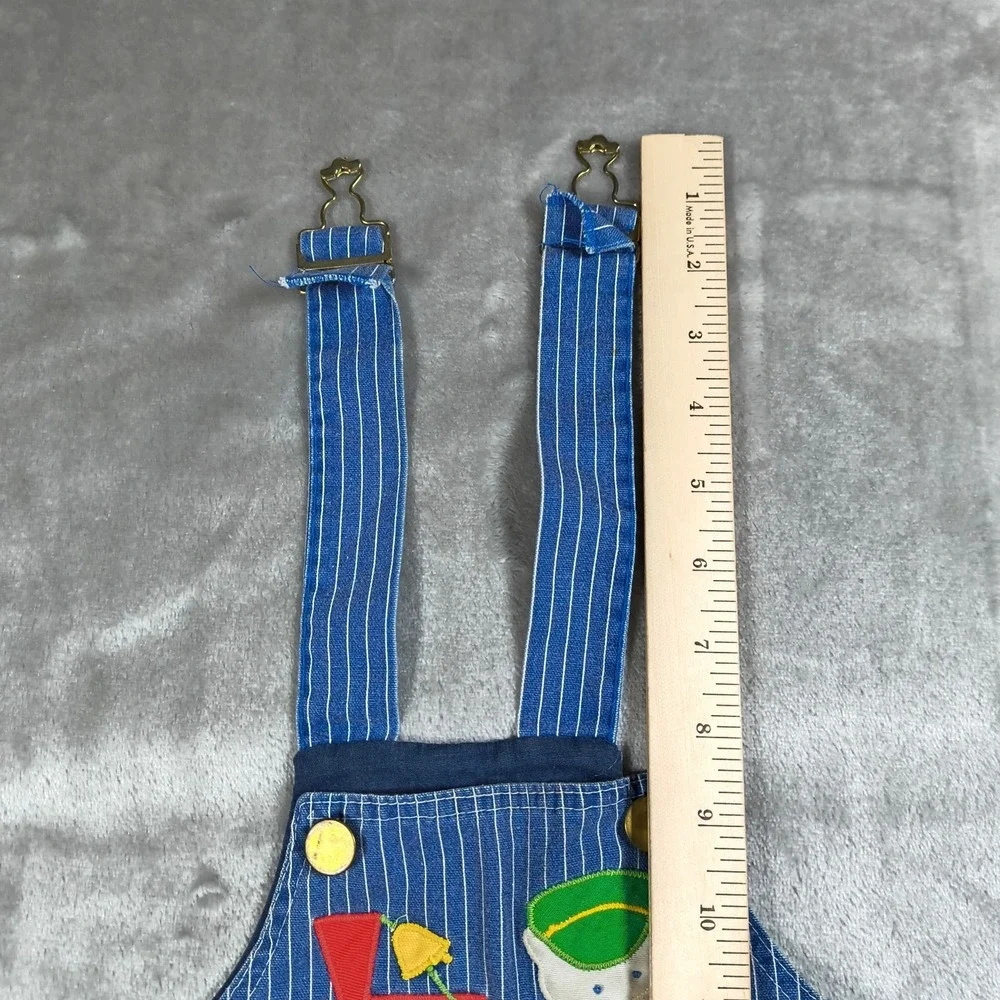 Vintage By Thomas Overalls Baby 12M Blue Pinstripe Train Cartoon Made In USA 80s